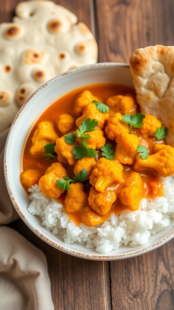 A bowl of spicy cauliflower curry with rice and naan, garnished with cilantro on a wooden table.
